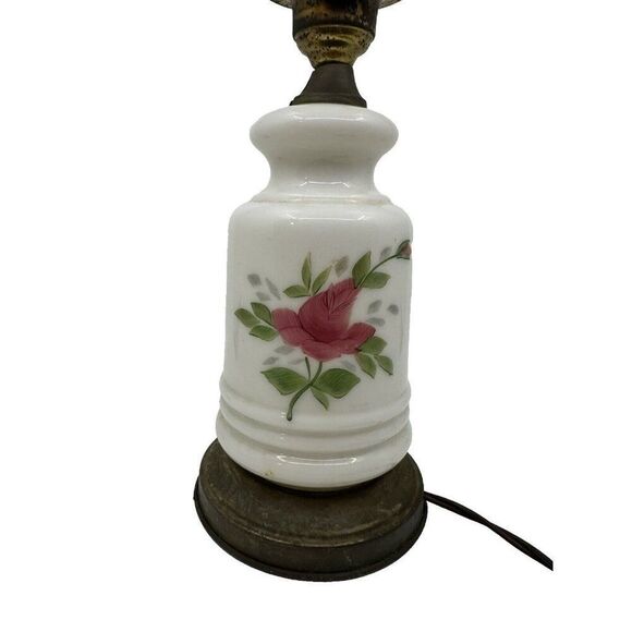 Vintage Milk Glass Oil Lamp Base With Floral Design & Brass Crown Detailing - Picture 2 of 14